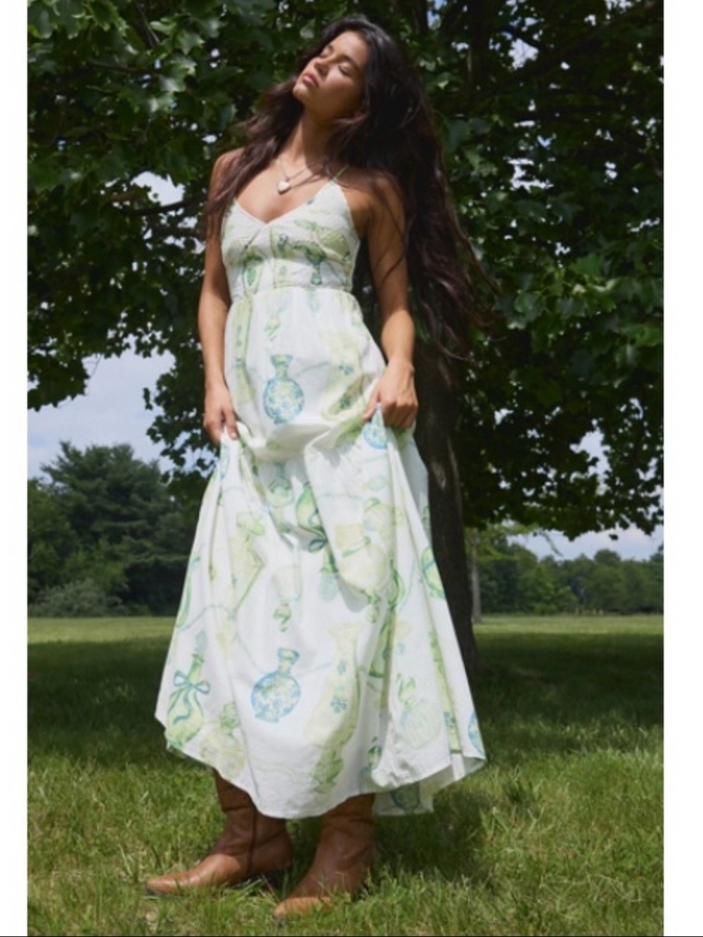 Urban Oufitters Bohemian Green & White Maxi Dress with Spaghetti Straps
